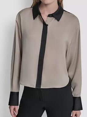 NWT DKNY Color Block Button-Front Blouse Shirt Pebble Black Size L
